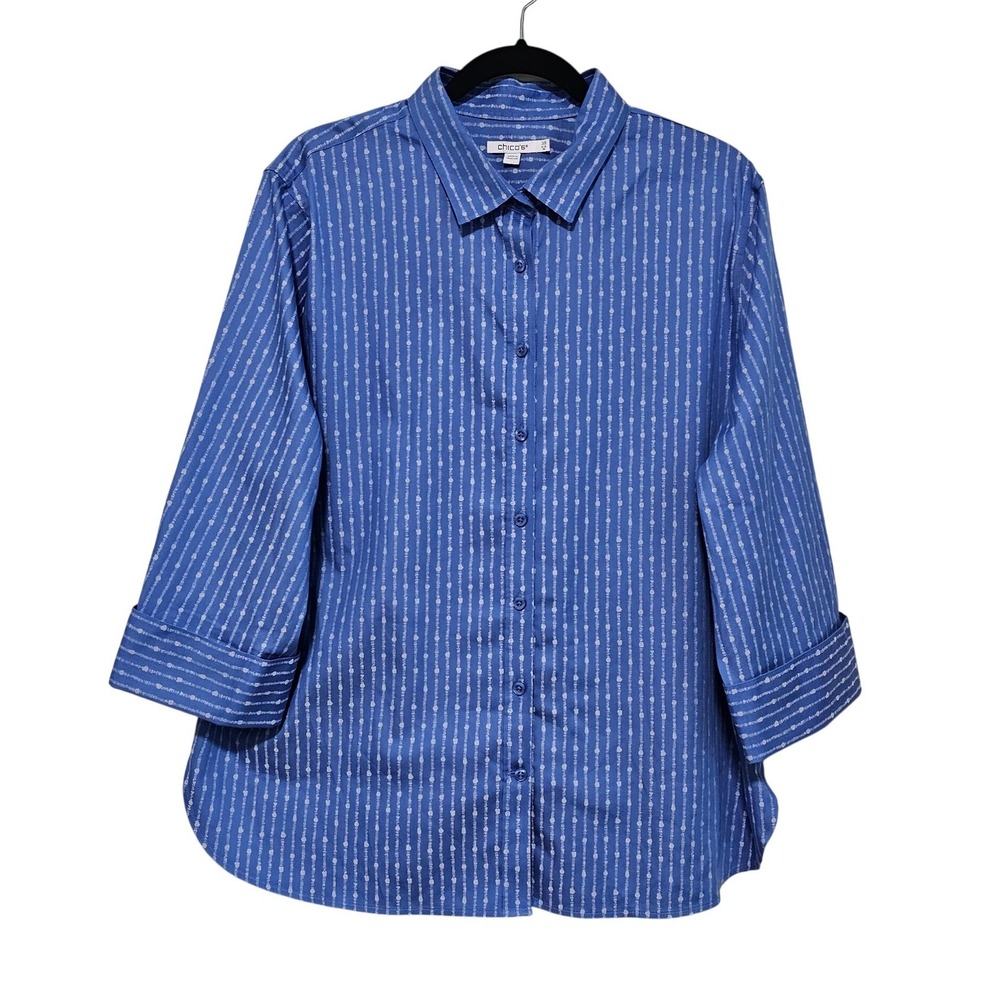 Chicos Blue Stripe Button Down Shirt 3.5 US 18 3/4 Sleeve Classic Coastal Preppy